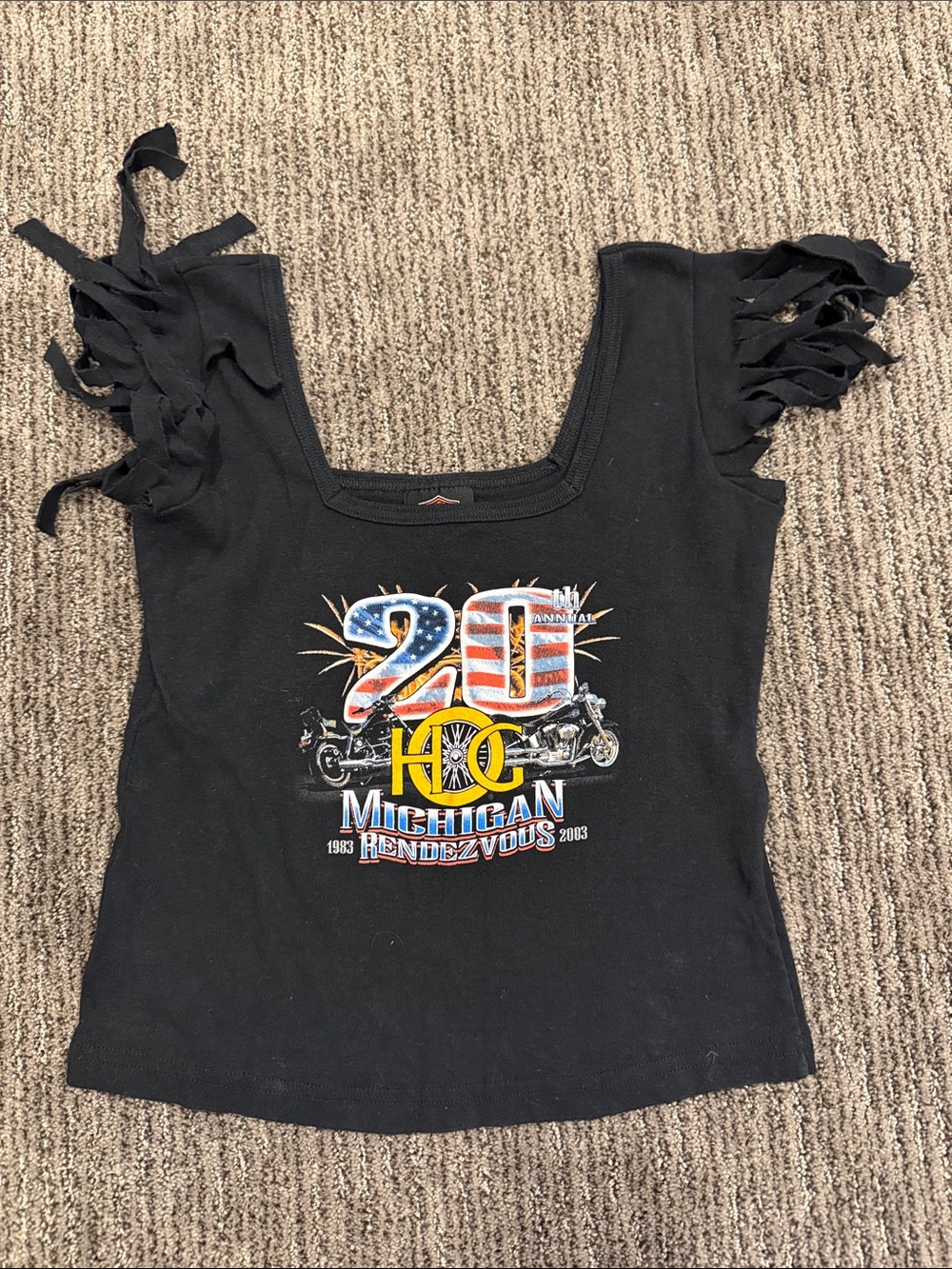 Harley-Davidson Black Graphic Fringe Sleeve Crop Top